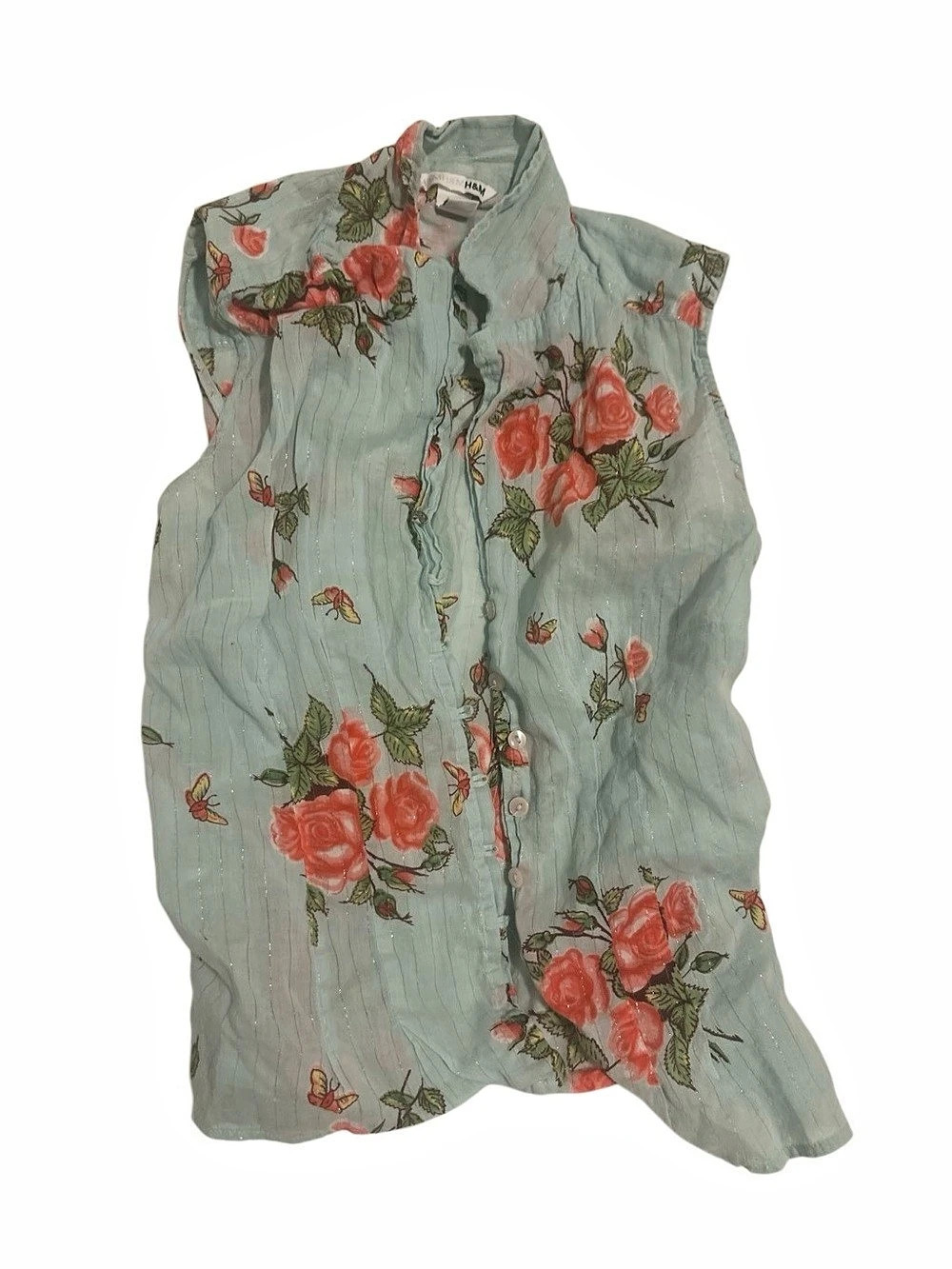H&M Floral Sleeveless Button-Down Top in Green & Red Size 4